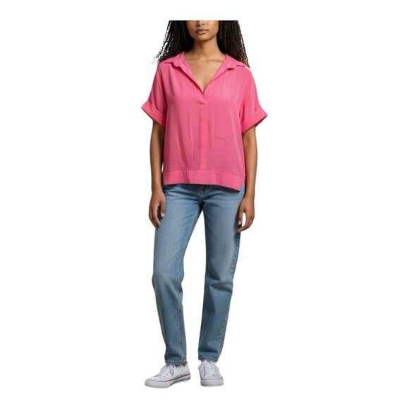Inclan Studio Stevie Pink Top L Relaxed Fit High Low Hem Collared Silk Crepe - Picture 1 of 8
